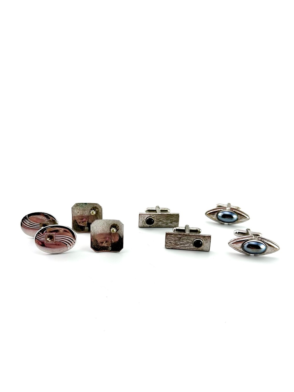 Vintage Silver Tone Cufflinks Lot - 4 Pairs Mid Century Geometric & Stone